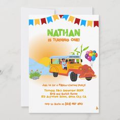 a birthday card with an orange bus and balloons