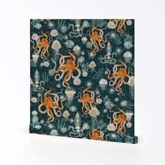 an octopus and jellyfish pattern on a green background is featured in this canvas wall art