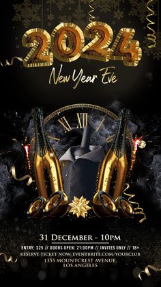 new year eve party flyer with golden headphones and streamers in the dark background