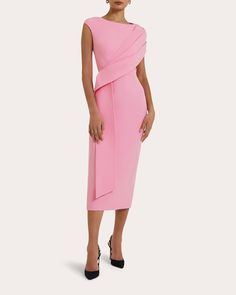 Regina Drape Midi Dress Oscar Fashion, Sleeve Silhouette, Stylish Short Dresses, Draped Midi Dresses, Glam Outfit, Elegant Dresses Classy, Draped Top, Pink Dresses, Daytime Dresses