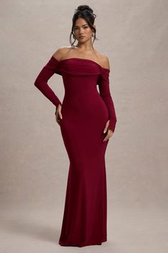 An enchanting style designed for romantic evenings, event season calls for a dress like Amaia. Carefully crafted in a rich berry shade of our sculpting jersey fabric, this maxi is defined by its bardot neckline, subtle cowl detail and long, flattering sleeves. From winter weddings to special prom nights, Amaia is a captivating choice. Features - Premium stretch jersey- Bardot neckline - Draped cowl - Long sleeves- Invisible zip closure- Maxi length Sizing & Fit Model is 5'6 and wears UK size 8 / US size 4 Product Information Designed exclusively by Club L London Double layered with good stretch Premium jersey in Berry (95% Polyester, 5% Elastane) 155cm total length SKU: CL134773037 Winter Wedding Dress Guest, Prom Dresses Long Sleeve, Bardot Neckline, Long Sleeved Dress, Black Dress Prom, Black Tie Gala, Party Dress Long Sleeve, Christmas Party Dress, Winter Weddings