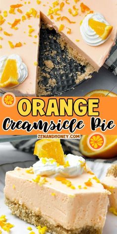 orange creamsice pie is cut in half and served on a plate with an orange slice