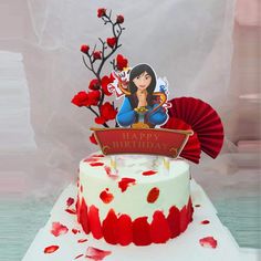 a birthday cake decorated with an image of snow white and the seven dwarfs on top