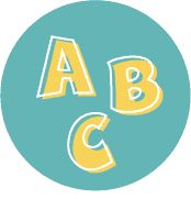 the letter abc and c is in a blue circle with yellow letters on it's sides