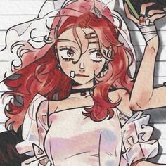 a drawing of a woman with red hair holding a glass in front of her face