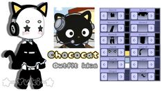 a cartoon cat wearing headphones next to a keyboard with the words chococat on it