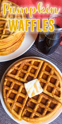 pumpkin waffles with butter and syrup on top