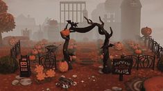 an animated halloween scene with pumpkins and trees