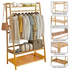 a wooden rack with clothes hanging on it