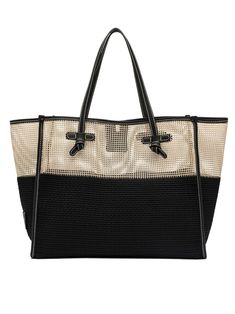 Two-color mesh effect fabric shopping bag, contrasting leather trim, leather handles, magnet closure, interior lining, leather clutch bag, size: 38x31x16 cm Composition: Fabric, 100% | Gianni Chiarini Women's Black Mesh Effect Fabric Shopping Bag | SS24 Black Mesh Shoulder Bag For Travel, Luxury Tote Beach Bag For Travel, Luxury Beach Tote Bag For Travel, Luxury Travel Beach Tote Bag, Luxury Double Handle Beach Bag, Chic Beach Bag With Leather Handles For Shopping, Summer Shopping Bag With Leather Trim, Luxury Beach Bag With Leather Handles For Travel, Leather Beach Bag With Leather Handles For Shopping