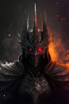 a dark knight with red eyes and flames in the background