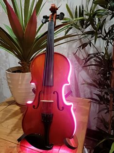 a red violin sitting on top of a wooden table next to a potted plant