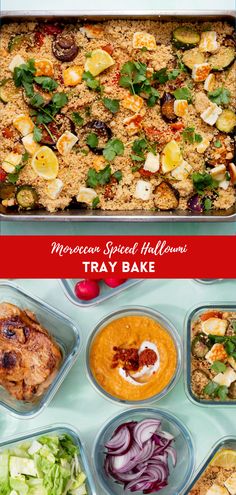 an assortment of food in plastic containers with the words moroccan spiced muffins tray bake