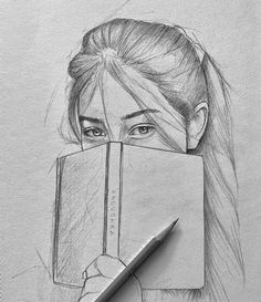 a pencil drawing of a woman holding a book with her face hidden behind the cover