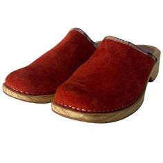 Burberry Red Suede Nova Check Plaid Lined Wood Sole Clogs. Condition Is Pre-Owned. Shipped With Usps Ground Advantage. Orange Round Toe Clogs With Rubber Sole, Orange Closed Toe Clogs With Rubber Sole, Casual Clogs With Red Sole And Round Toe, Red Casual Mules With Rubber Sole, Casual Red Mules With Rubber Sole, Casual Red Clogs With Rubber Sole, Red Clogs With Removable Insole And Round Toe, Red Closed Toe Clogs With Wooden Heel, Casual Slip-on Clogs With Red Sole