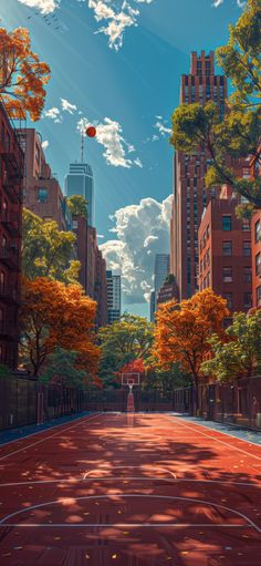 an empty street with tall buildings and trees in the foreground, on a sunny day