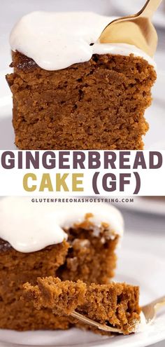 a close up of a slice of gingerbread cake on a plate with a fork