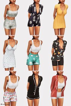 six different types of women's clothing in various colors and sizes, all with short shorts