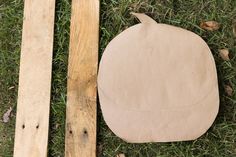 a piece of wood sitting on top of grass next to a bag