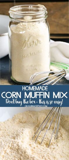 homemade corn muffin mix in a glass jar with whisk on the side