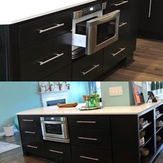 two pictures of the same kitchen with different appliances