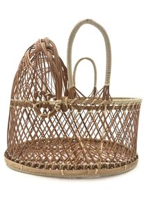 a wicker basket with handles is shown on a white background and it has a handle