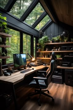 a desk with a computer on it in the middle of a room filled with plants