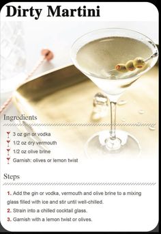 dirty martini recipe with ingredients for the drink and instructions on how to mix it up