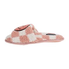 Featuring a soft pink smiling applique at the front, this pair of women's open-toe slippers from Joe Boxer provide instant comfort the moment you slip your feet in. They are made from a checkered plush fabric, and have a cushioned insole and rubber traction sole for sturdy steps.Closure Type: Slip-OnBase Material: 100% PolyesterUpper/Outer Base Material: 100% PolyesterShoe Lining Material: PolyesterSole Material Content: 100% PlasticCare: Spot CleanCountry of Origin: Imported Cute Indoor Open Toe Slippers, Cute Open Toe Indoor Slippers, Comfortable Pink Flip Flops, Soft Open Toe Pink Slippers, Pink Soft Open Toe Slippers, Soft Pink Open Toe Slippers, Comfortable Pink Slippers With Cushioned Footbed, Comfortable Flat Pink Slippers, Pink Super Soft Slippers For Loungewear