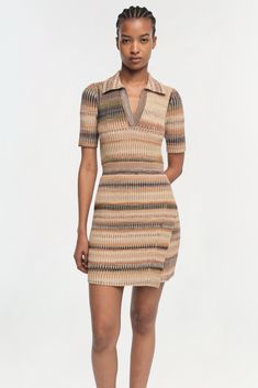 PRE-FALL 2024 WOMEN'S COLLECTION The Solana Dress in Army Green Multi. This short-sleeve mini stands out with its crisp polo collar and a vibrant pattern of horizontal stripes, providing a casual but refined look. Fitted Short Sleeve Dress With Striped Collar, Fitted Short Sleeve Polo Dress For Work, Fitted Polo Dress With Short Sleeves For Work, Striped Short Sleeve Mini Dress For Work, Striped Fitted Collared Dress, Fitted Striped Collared Dress, January Jones, Swim Gifts, Knitwear Dress