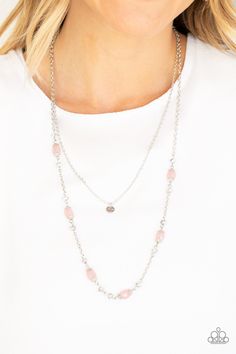 A dainty hammered disc is suspended above a glistening silver chain sparkling with dainty silver accents, metallic crystal-like beads, and opaque pink beads for a whimsical look. Features an adjustable clasp closure. Sold as one individual necklace. Includes one pair of matching earrings. P2DA-PKXX-142XX Pearl Necklace Earrings, Pink Necklace, Paparazzi Accessories, Pink Beads, Paparazzi Jewelry, Rhinestone Necklace, Silver Chain Necklace, Silver Accents, Boutique Jewelry