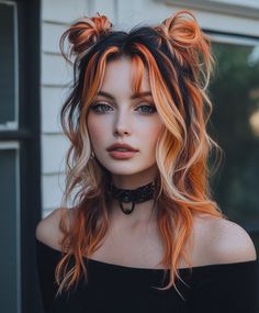 Half-Up Braided Calico Cat Hair Color Fox Hair Styles, Rainbow Color Block Hair, Color Block Hair Red, Calico Short Hair, Half Black Half Brown Hair, Halo Hair Dye Style Brown And Blonde, Light Calico Hair, Half Coloured Hair, Red Brown And Blonde Hair