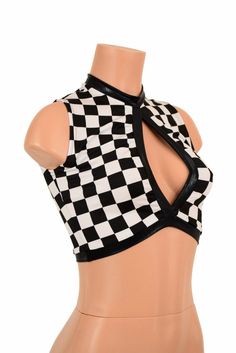 "This item is made to order, please read all the way through the listing before purchasing! This crop top is made from four way stretch lycra spandex in uv glow black and white checkered print Black mystique metallic fabric accents around the middle opening, neckline, and hemline. It features a keyhole design in front, with a high back, and fits like a glove! TOP LENGTH: Underarm to hemline measures 8\" Womens Sizing (See below for instructions on where measurements should be taken) XXS: Bust 29 Glove Top, Metallic Fabric, Open Shoulder Tops, Crop Top, Womens Tops, Tops & Tees, Crop Tops, Black And White, Women's Top