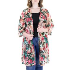 This comfortable lightweight kimono cardigan is must have style for Spring and Summer. Featuring a sheer mesh material in a beautiful tropical floral print, wide three quarter length sleeves, extended knee length, and a modern open front. Layer this cardigan over a tank top for an easy dressed up look or wear it over a swimsuit as a lightweight cover up. Made in the USA from a comfortable stretch sheer material in poly spandex. Size: 1X. Color: Multicolor. Gender: female. Age Group: adult. Casual Tropical Print Cover-up For Spring, Casual Spring Tropical Print Cover-up, Spring Tropical Print Cover-up, Tropical Cover-up For Spring Day Out, Casual Floral Print Kimono For Beach Season, Casual Open Front Cover-up With Floral Print, Spring Floral Print Open Front Cover-up, Casual Floral Print Cover-up With Kimono Sleeves, Hawaiian Floral Print Spring Cover-up