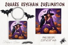 a keychain with a painting of a witch and a raven sitting on pumpkins