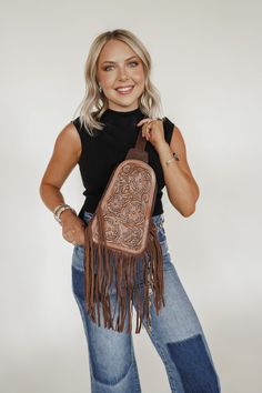 Genuine leather crossbody bag with fringe details. Adjustable strap, large pocket! One size. All accessories sales are final. Travel Fringe Crossbody Shoulder Bag, Crossbody Shoulder Bag With Fringe For Travel, Travel Crossbody Shoulder Bag With Fringe, Fringe Crossbody Shoulder Bag For Travel, Denim Cowgirl, Short Jean Skirt, Cowgirl Look, Cc Beanie, Cowgirl Aesthetic