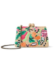 Serpui's Candice clutch will add the perfect finishing touch to all your summer ensembles. Embroidered with a colorful fruit motif, this raffia bag features a magnetic snap closure with the option of a metal or pink resin shoulder strap. Style this eye-catching accessory with everything from cocktail dresses to breezy sets. Multicolor Clutch Bag For Summer, Multicolor Summer Clutch Bag, Rectangular Woven Clutch For Spring, Spring Rectangular Woven Clutch, Chic Embroidered Summer Bags, Rectangular Clutch For Spring, Spring Rectangular Clutch, Chic Multicolor Clutch With Removable Pouch, Summer Embroidered Pouch Clutch