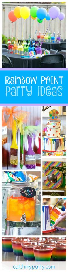 rainbow paint party ideas with lots of different colors and designs on the cake, cupcakes, and candy bars