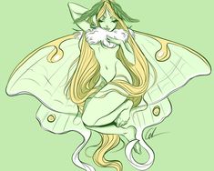 a drawing of a woman sitting on top of a green butterfly with long blonde hair