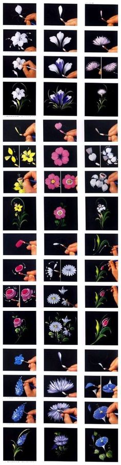 several images of different flowers on black and white paper with the same color scheme as shown below