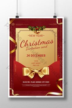 a red and gold christmas party flyer with ribbon, holly wreath and bow on it