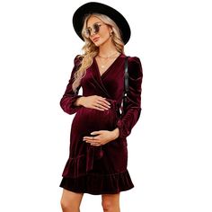 The velvet maternity dress features puff sleeve, ruffle hem, solid color, high waist, flowy swing, making the maternity fall dress elegant and flattering.