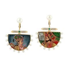 These beautiful enamel art is inspired by Royal Indian heritage during Mughal Era. These stunning earrings feature a unique hand painted miniature art set in 18K gold. It is set with 40.69 carats mother of pearl, .25 carats emerald & .43 carats diamonds. FOLLOW MEGHNA JEWELS storefront to view the latest collection & exclusive pieces. Meghna Jewels is proudly rated as a Top Seller on 1stDibs with 5 star customer reviews. All items manufactured by us are handmade and can be customized or redesign Gold Enamel Jewelry, Natural Pearl Jewelry, Royal Indian, Emerald Diamond Earrings, Enamel Art, Vintage Drop Earrings, Diamond Dangle Earrings, Indian Heritage, Gold Diamond Earrings