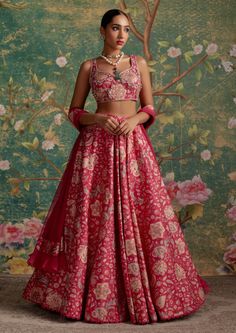 Ridhi Mehra-Demi Royal Fuschia Print Lehenga Set-INDIASPOPUP.COM Print Lehenga, Applique Blouse, Ridhi Mehra, Raw Silk Lehenga, Wedding Lehenga Designs, Set Saree, Green Stones, Embroidered Wedding, Wedding Lehenga