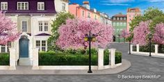 an artist's rendering of a house with pink trees in the front and side