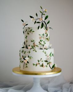 a three tiered cake with white flowers and gold trimmings on a plate