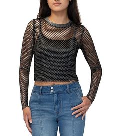 Stevie by Steve Madden Crew Neck Long Sleeve Fishnet Cami Top | Dillard's Fishnet Party Tops For Spring, Spring Party Fishnet Tops, Stretch Fishnet Top For Night Out, Stretch Open Knit Tops For Night Out, Fitted Open Knit Top For Night Out, Trendy Fishnet Mesh Tops, Fishnet Stretch Tops For Fall, Long Sleeve Fishnet Top For Party, Stretch Open Knit Party Tops