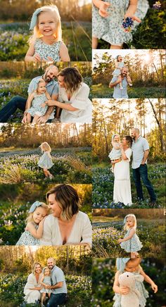 a collage of photos with people in the grass and one woman holding a baby