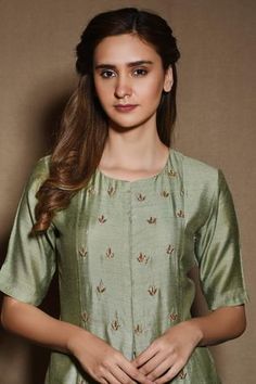 Shop for Vara by Vibha n Priti Green Silk Kurta Skirt Set for Women Online at Aza Fashions Muga Silk, Kurta Skirt, Silk Kurta, Embroidered Neckline, Hem Skirt, Green Silk, Green Jacket, Set For Women, Aza Fashion