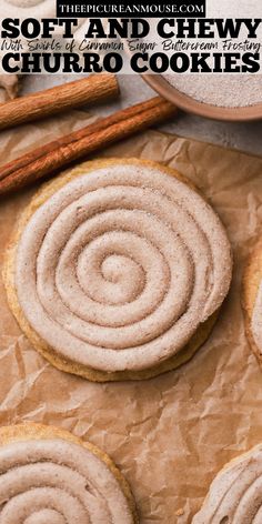 Snickerdoodle cookies topped with a swirl of cinnamon buttercream frosting and extra cinnamon sugar. Churro Cookies, Chewy Snickerdoodles, Cinnamon Buttercream Frosting, Cinnamon Buttercream, Snickerdoodles, Cinnamon Sugar, Buttercream Frosting, Butter Cream, Cookie Recipes